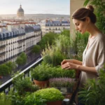 woman is tending to her garden on her balcony overlooking an urban city